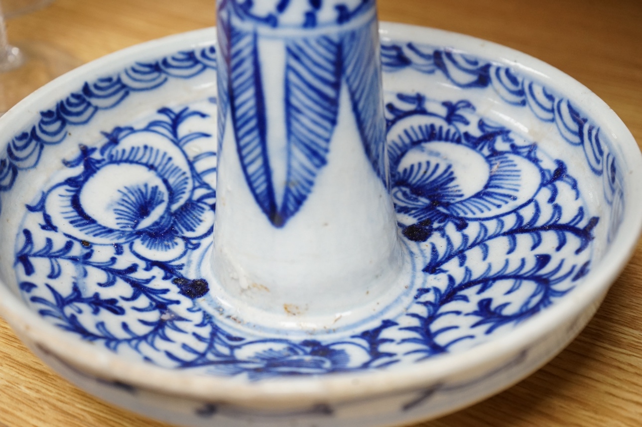 Two Chinese blue and white earthenware joss stick holders, tallest 27cm high. Condition - damage to top and bottom rims